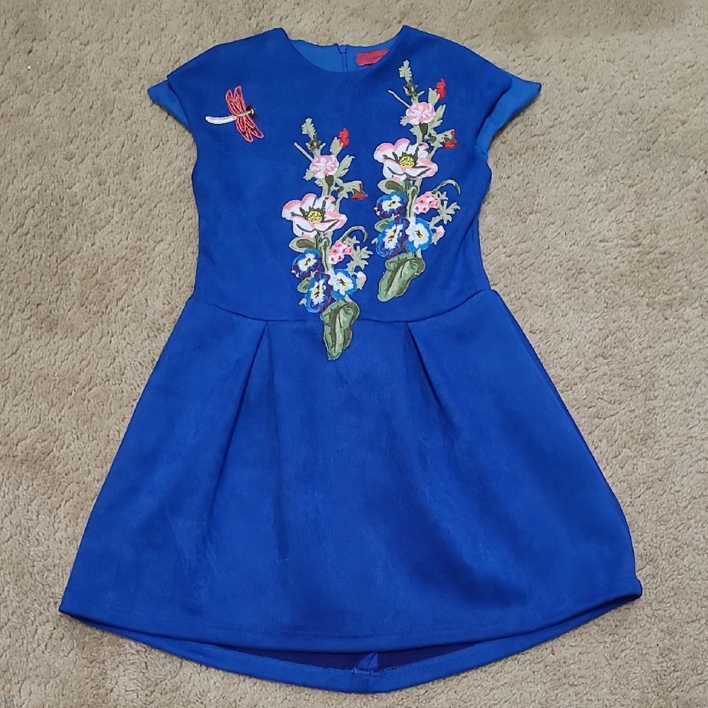 Peppermint Royal Blue Kids Dress with Floral Embroidery